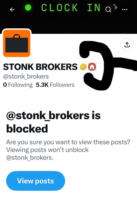 A screenshot of an X profile showing '@stonk_brokers' with the message '@stonk_brokers is blocked' and a 'View posts' button.