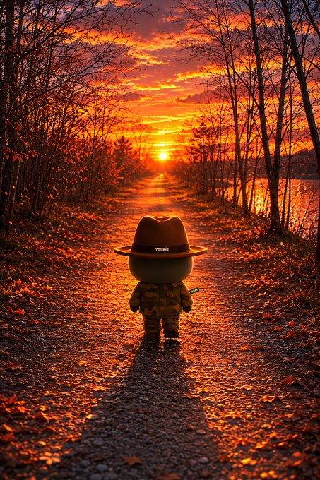 The image features a small toy figure wearing a hat walking down a path with trees in the background. The scene takes place at sunset, creating an atmospheric and serene environment. The focus of the image seems to be on the toy figure rather than the surrounding elements or the accompanying text.