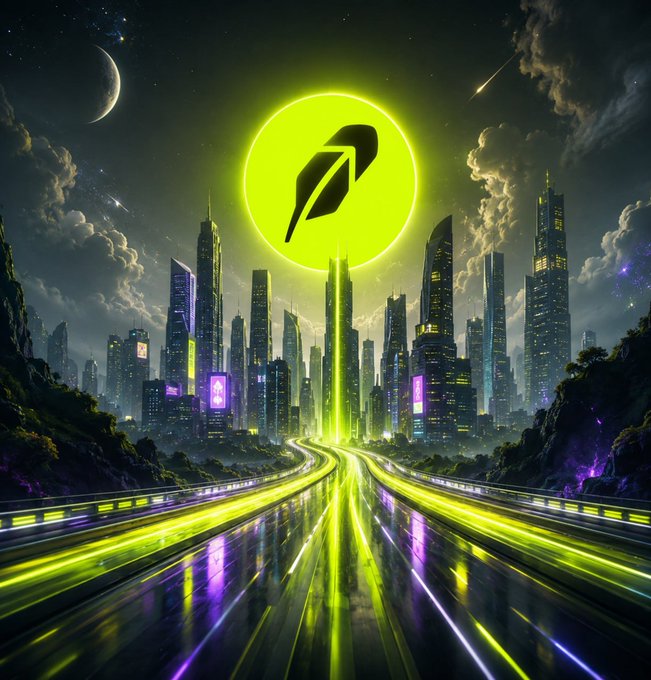 A futuristic neon-green cityscape at night featuring a glowing circular logo with an upward arrow, crescent moon, and light trails on a highway leading toward towering skyscrapers.