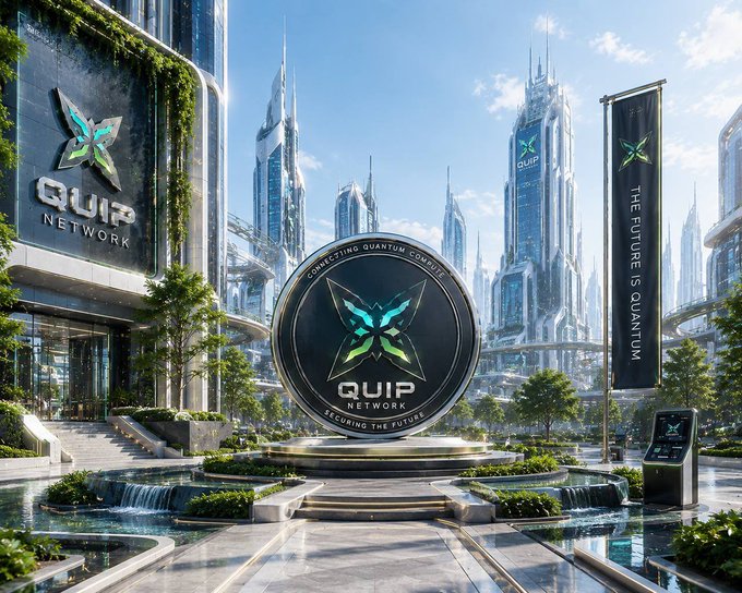 A futuristic cityscape featuring the 'QUIP NETWORK' logo and signage reading 'THE FUTURE IS QUANTUM' and 'CONNECTING QUANTUM COMPUTING'.