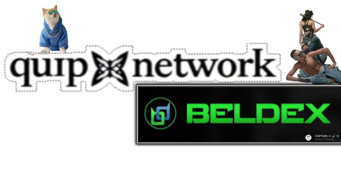 An image featuring the 'quip network' logo with a dog wearing sunglasses and a gold chain, alongside a 'BELDEX' logo and a meme-style image of people stacked on top of each other.