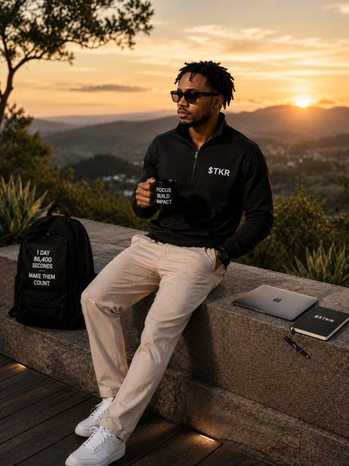 A young man wearing sunglasses and a black quarter-zip pullover with 'STKR' branding sits on a stone ledge at sunset holding a mug, with a branded backpack and journal nearby.