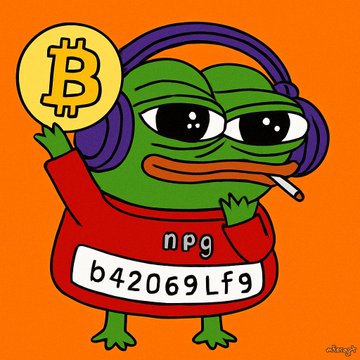 A cartoon Pepe frog wearing headphones and holding a Bitcoin symbol, with "npg" and "b42069Lfg" displayed on its red shirt, perfectly tying into the celebratory "mferfy complete" and "$b42069 lfg" crypto token launch message.