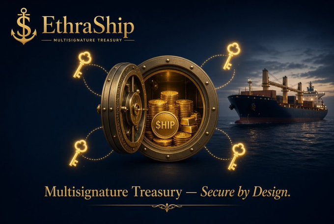 A promotional banner for 'EthraShip' features a gold vault overflowing with '$HIP' coins and floating keys, set against a dark sea with a cargo ship, captioned 'Multisignature Treasury — Secure by Design.'