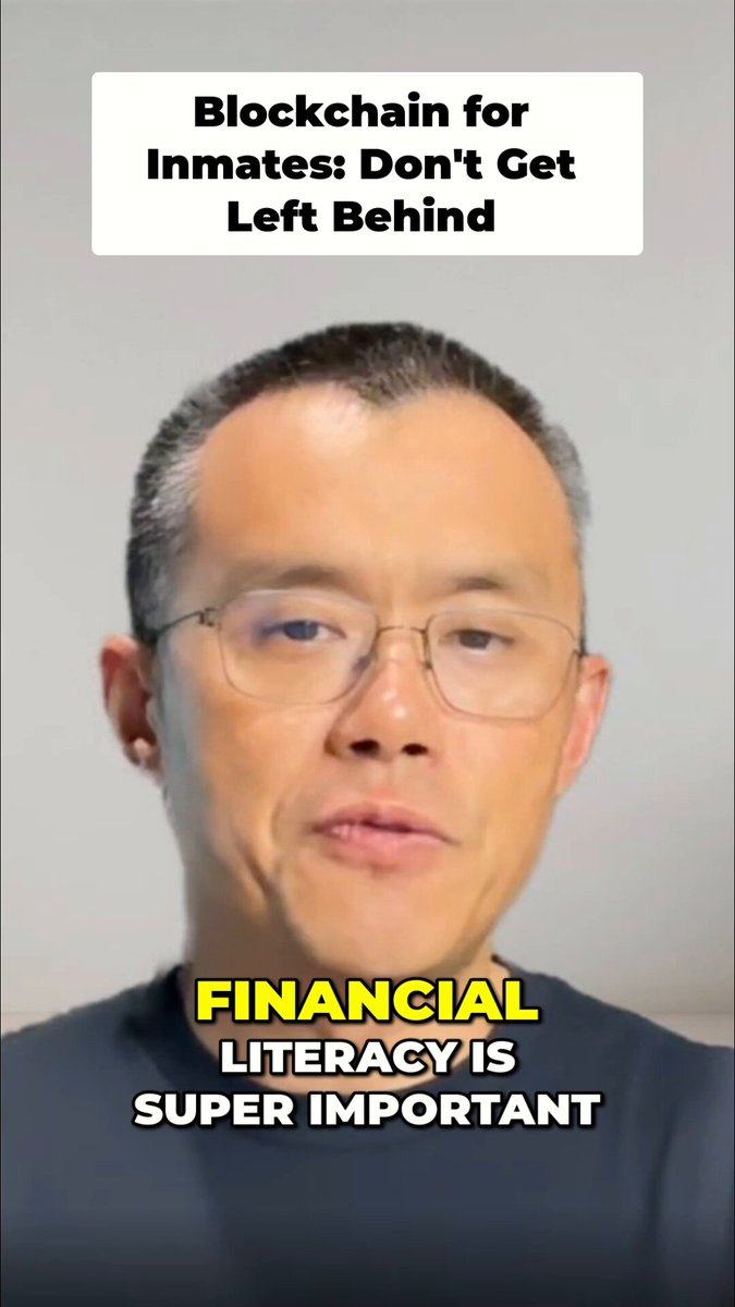 The image features a man wearing glasses and a black shirt, standing against a gray background. The text overlaying the image reads "Blockchain for Inmates Don't Get Left Behind Financial literacy is super important".
