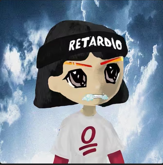A cartoon drawing of a character wearing a black beanie labeled 'RETARDIO' in white text, with large anime-style eyes, set against a cloudy sky background.