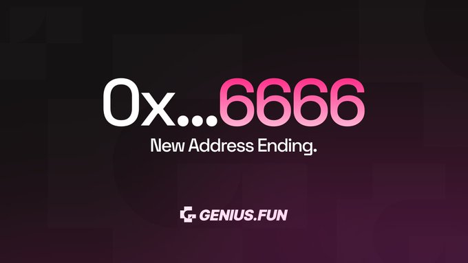 A sleek promotional graphic on a dark gradient background announces "0x...6666 - New Address Ending" in bold white and pink text, with the "GENIUS.FUN" logo displayed below. The image visually reinforces the message about Genius standardizing its contract addresses to all end in 6666—a numerologically meaningful choice that ties into both Chinese cultural symbolism and the letter "G" for Genius.