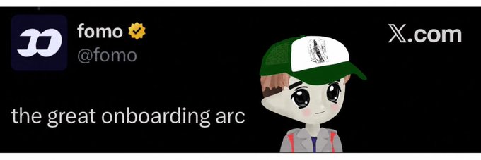 A black banner-style graphic features an anime-style character wearing a green and white baseball cap alongside the text "the great onboarding arc." The image is attributed to "fomo @fomo" on X.com and appears to be the new banner image for the Solana token $HENRY on Moby.
