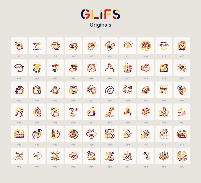 A catalog display titled 'GLiFS Originals' showing a grid of various colorful, minimalist line-art icons numbered from #1 to #90.
