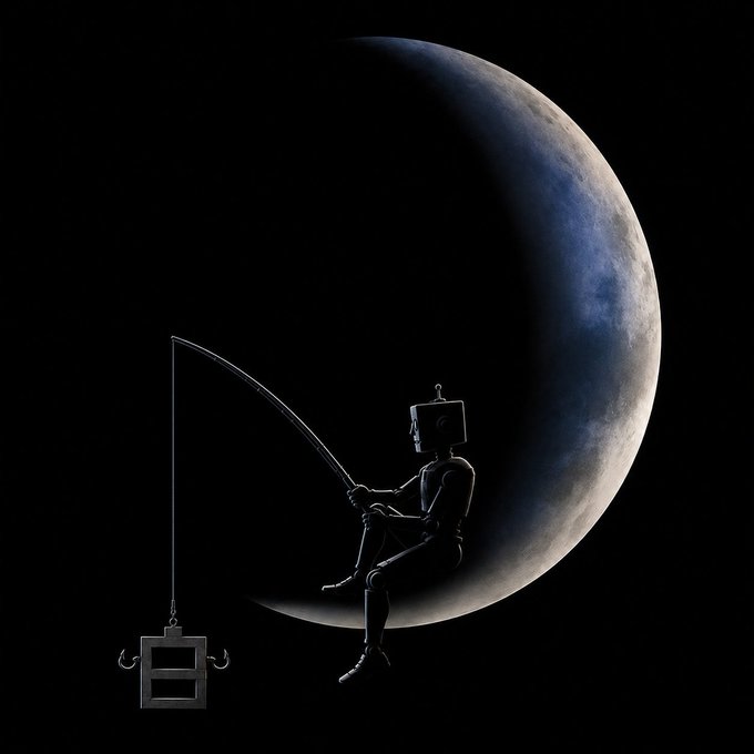 A surreal, dark digital artwork depicting a humanoid robot sitting on a crescent moon, holding a fishing rod that dangles a small box, set against a black background.