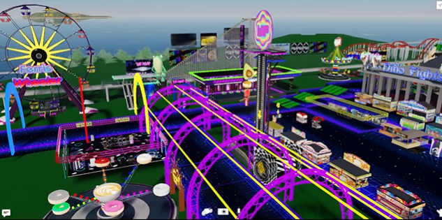 A vibrant 3D rendering of an amusement park scene featuring a Ferris wheel, a purple roller coaster track, and various colorful rides and attractions set against a bright blue sky.