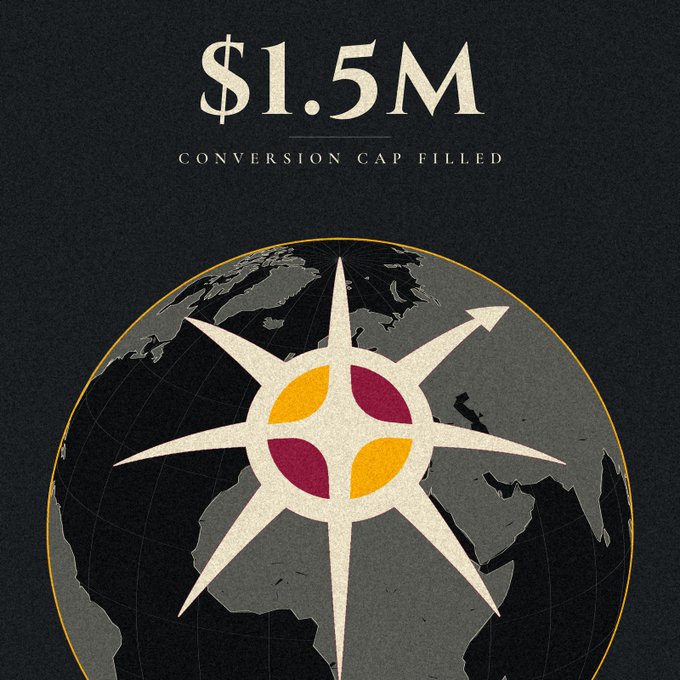 The graphic displays "$1.5M CONVERSION CAP FILLED" above a globe featuring a compass star emblem, celebrating Meridian Capital's achievement of reaching its maximum conversion capacity. The post confirms this milestone and announces that the MCD token begins trading Monday, September 28th at 14:00 UTC.