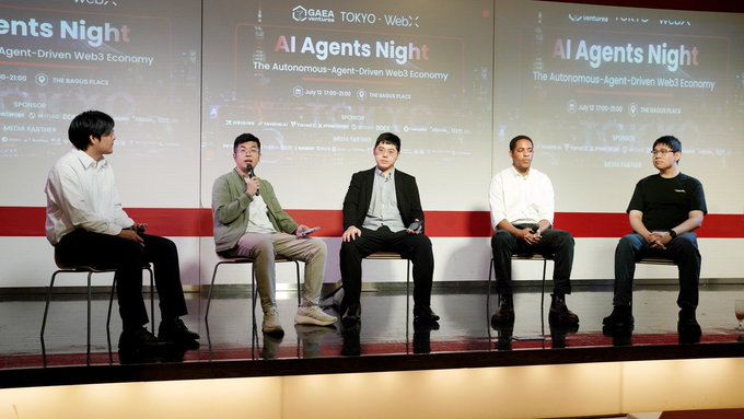 A panel of five men seated on stage at 'AI Agents Night' event hosted by GAEA and TOKYO - Web3, with backdrop screens reading 'The Autonomous Agent-Driven Web3 Economy'.
