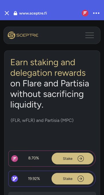 A mobile screenshot of the Sceptre.fi website showing staking rewards of 8.70% on Flare (FLR/wFLR) and 19.92% on Partisia (MPC), with Stake buttons for each.