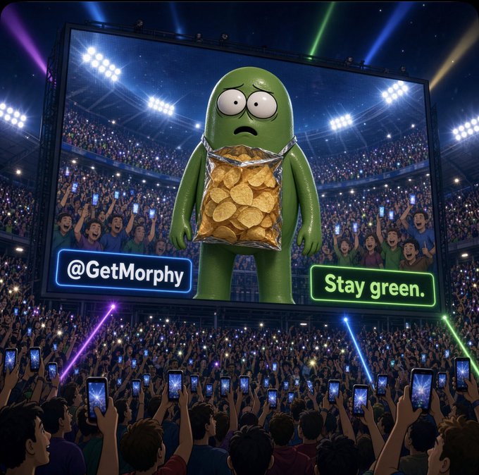 A green cartoon mascot character holding a bag of potato chips stands on a large stadium screen with the text '@GetMorphy' and 'Stay green.' while a crowd cheers below.