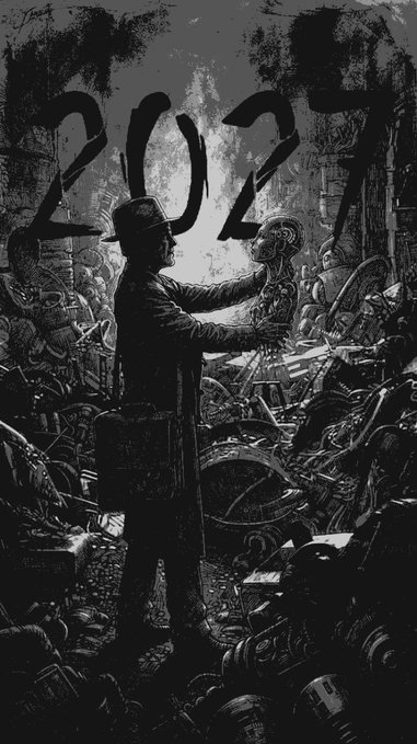 A black and white dystopian illustration featuring a man in a trench coat and fedora holding a small alien-like figure, standing in a scrapyard with '2027' written above.