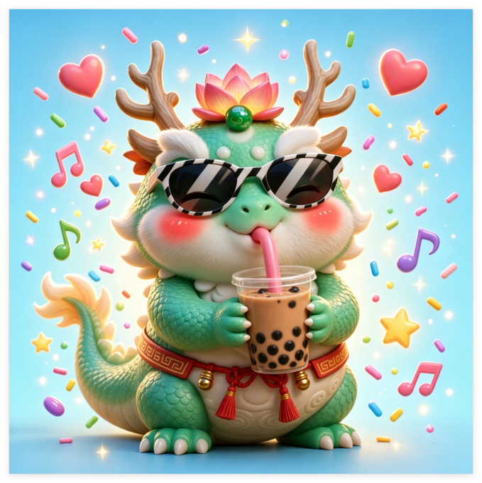 A 3D illustration of a cute, stylized dragon character wearing sunglasses and a lotus flower headpiece, sipping bubble tea amidst confetti and hearts.