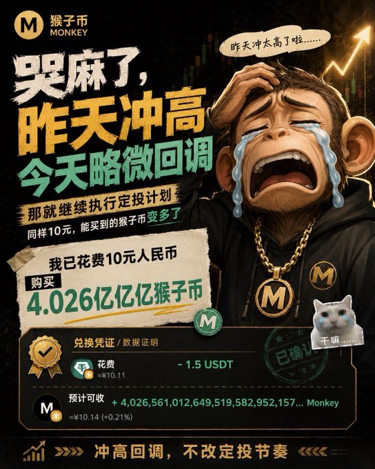 A meme promotional poster for Monkey Coin (M/猴子币) features a crying Bored Ape-style character, showing a certificate claiming 10 RMB purchased 4,026,561,012,649,519,582,952,157 Monkey Coins with Chinese text translating to "I'm numb from crying, yesterday I surged high, today slightly pulled back—I'll stick with my DCA plan." The image humorously visualizes the post's frustration about accumulating an absurdly large quantity of the meme token through dollar-cost averaging despite its microscopic value.
