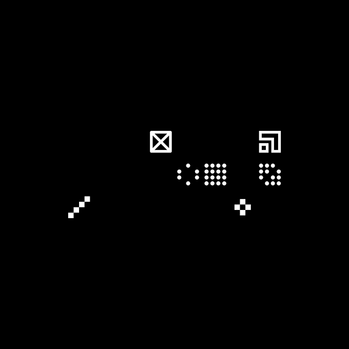 A minimalist black background with white pixelated icons and symbols, including squares with X marks, dots, and checkered patterns.