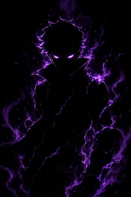 A shadowy anime-style figure with glowing purple eyes is enveloped in ominous purple flames against a black background, capturing the dark, supernatural aesthetic that's trending in anime artwork and edits.