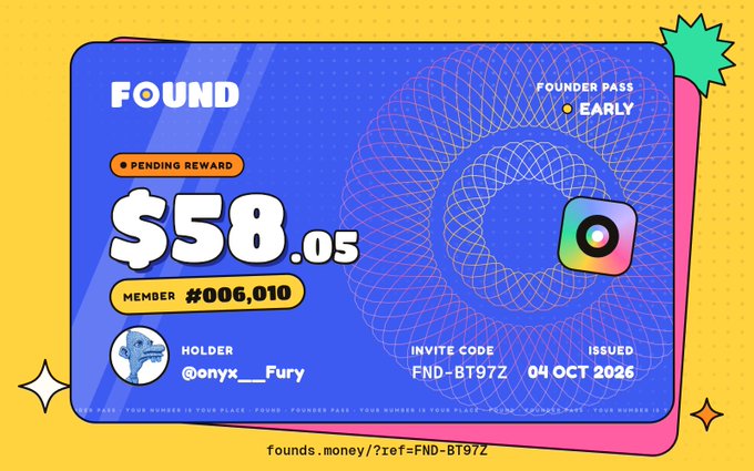 A promotional graphic for FOUND displays a pending reward of $58.05 for Member #006,010 (holder @onyx__Fury), issued 04 OCT 2026, with the invite code FND-BT97Z. The image visually reinforces the post's claim about joining FOUND and earning an early Founder Pass reward.