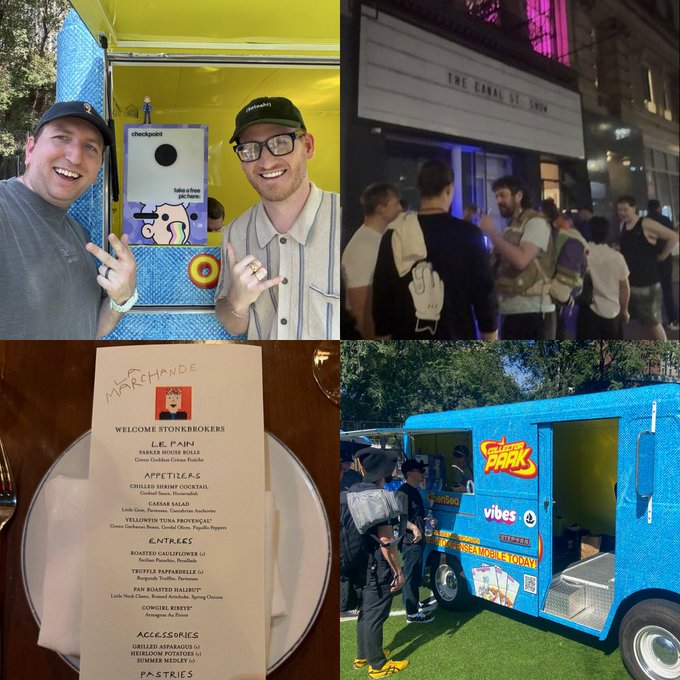 A collage of event photos showing two men at a 'checkout' booth, a crowd outside 'The Canal St. Tavern,' a 'Stonbrokers' menu from Marchande, and a blue 'Summer Spark' food truck.