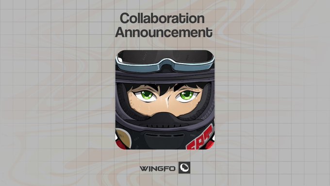 The image features a "Collaboration Announcement" with WINGFO, displaying an anime-style character with striking green eyes wearing a black racing helmet and goggles, set against a beige topographic background. This graphic promotes Wingfo's partnership with @LastLapRH, a PFP-style NFT project on Robinhood's Layer 2 chain with a 2,525 supply and free mint via raffle.