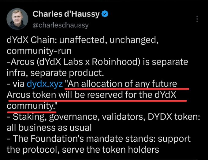 A tweet by Charles d'Haussy clarifying that dYdX Chain is unaffected and community-run, with Arcus (dYdX Labs x Robinhood) being separate infrastructure that will reserve token allocation for the dYdX community.