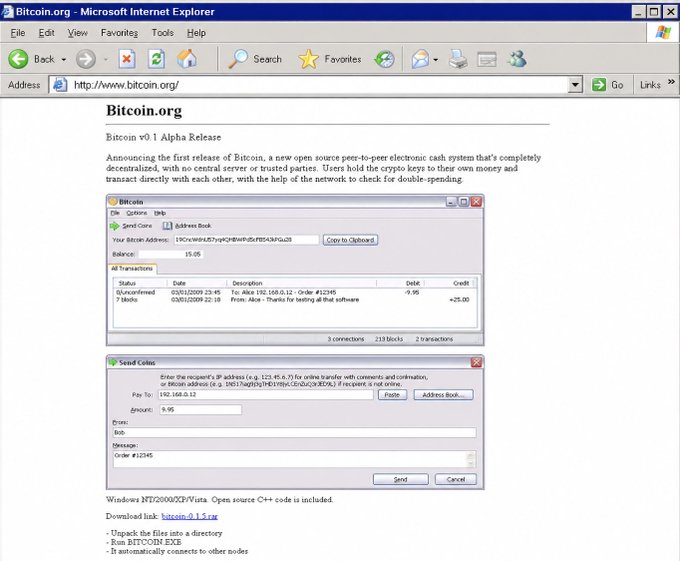 A screenshot of bitcoin.org displayed in Microsoft Internet Explorer, featuring the announcement of "Bitcoin v0.1 Alpha Release" alongside early Bitcoin wallet and Send Coins dialog boxes showing a balance of 15.05 BTC and a test transaction of +25.00. This image captures the original Bitcoin website created by Satoshi Nakamoto, which served as the birthplace of Bitcoin's public presence and has since become one of the most recognized domains in cryptocurrency history.