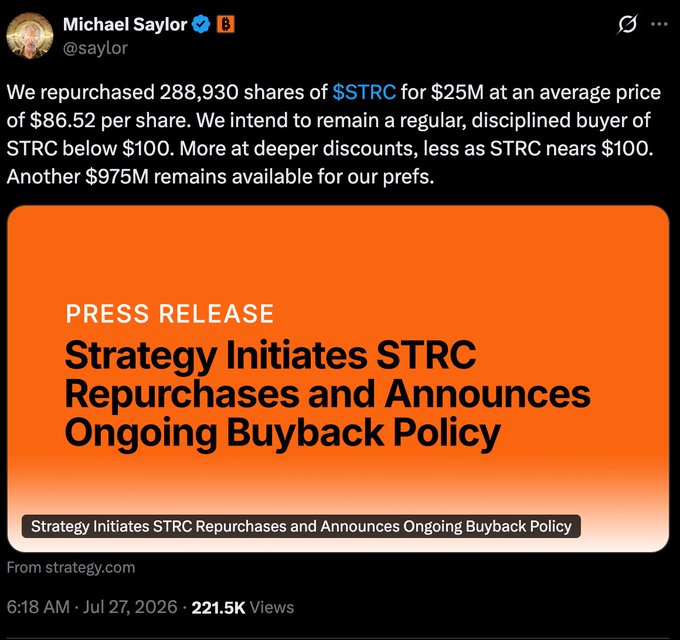 Michael Saylor announces on X that Strategy repurchased 288,930 shares of $STRC at an average of $86.52 per share, with plans to continue disciplined buying below $100 and $975M remaining in the buyback program—matching the accompanying post's summary of his announcement about the ongoing STRC repurchase policy.