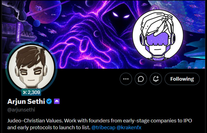 Arjun Sethi's (@arjunsethi) Twitter profile, showing 2,309 followers and a bio emphasizing "Judeo-Christian Values" with work across early-stage to IPO companies, is captioned "Trust the $INK" — the purple cosmic/ink-themed banner imagery visually reinforcing the "ink" theme of the $INK token mentioned in the post.