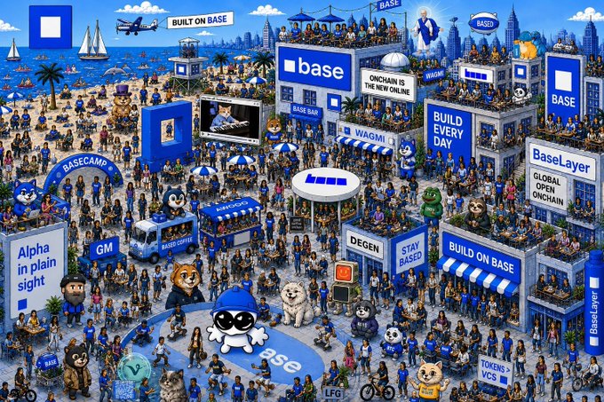 A vibrant, detailed illustration depicting a massive gathering of people at a BASE blockchain festival, featuring humanoid animal mascots, a beach, buildings with banners reading 'BUILT ON BASE', 'BaseLayer GLOBAL OG ONCHAIN', 'STAY BASED', and various 'BASED COFFEE' and 'WAGMI' signage.