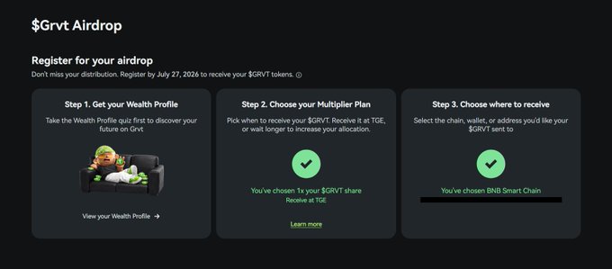 A '$Grvt Airdrop' registration screen with three steps: 'Get your Wealth Profile' (featuring a Pepe the Frog character), 'Choose your Multiplier Plan' (1x your $GRVT share), and 'Choose where to receive' (BNB Smart Chain), with a deadline of July 27, 2026.