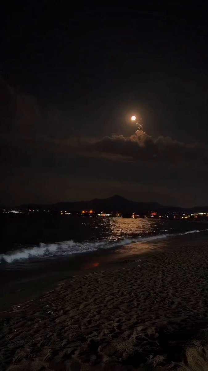 The image shows a beach at night with a full moon rising over the ocean. The sky is dark, but the moon provides a soft glow that illuminates the scene. In the background, there are several buildings along the shoreline, adding depth to the view. The photo has been captioned "Goodnight frens Please check on your frens, you never know exactly what people are going through." This message seems to be related to the moon's presence and its connection with the tides, as well as the idea of checking in on others during a dark time.