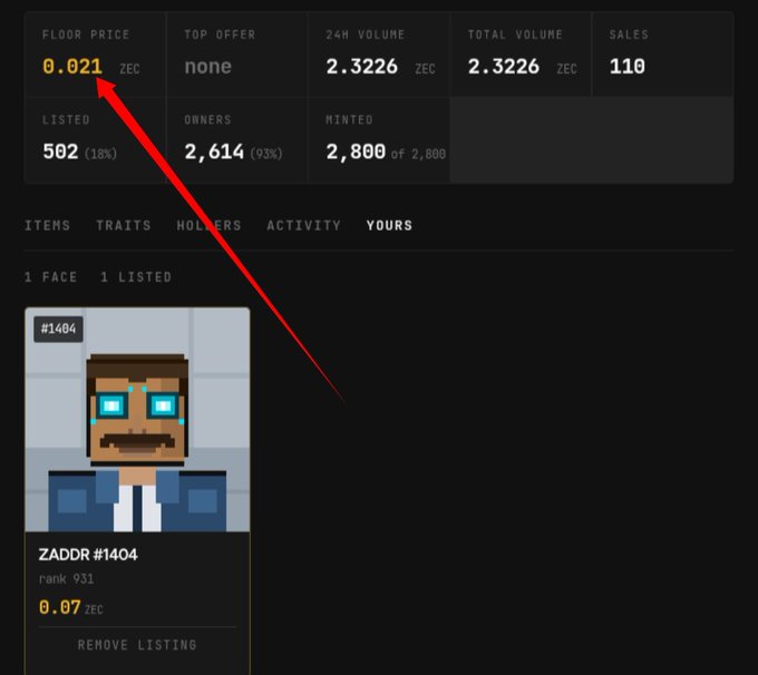 A dark-themed NFT marketplace interface displaying an item called 'ZADDR #1404' priced at '0.021 ZEC' floor price, highlighted by a red arrow pointing to the price.