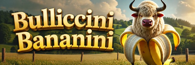 The image features a cartoon-style white bull with a banana peel, alongside the bold yellow text "Bulliccini Bananini," promoting the official meme character featured on the Italian Brainrot wiki with its associated contract address for the $BULL token.