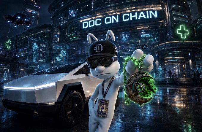 A white cartoon rabbit, wearing a black hat and sunglasses, stands next to a silver car with the words "Doc on Chain" displayed above it.