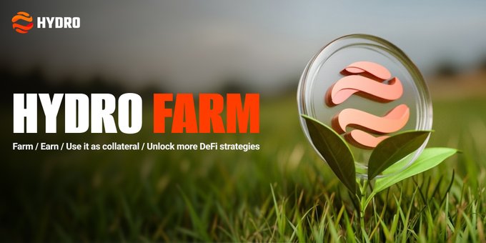 A promotional banner for "HYDRO FARM" displayed against a grassy field background, featuring the Hydro logo on a magnifying glass beside a small plant, with the tagline "Farm / Earn / Use it as collateral / Unlock more DeFi strategies." The image visually represents the Hydro Farm service, where users farm and receive $fhINJ tokens as farming receipts that can be used as collateral on Hydro Lending to continue earning rewards.