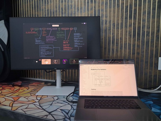 A dual-monitor workspace setup on a stained-glass patterned surface, with a Dell monitor showing a digital whiteboard diagram and a laptop displaying a page titled 'Anatomy of a Validator' with a system diagram.
