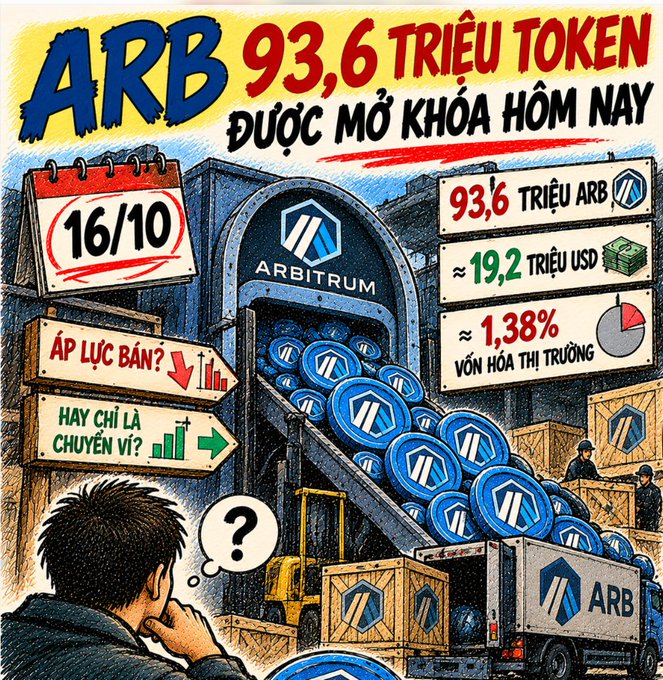 Vietnamese cryptocurrency graphic announcing that 93.6 million ARB (Arbitrum) tokens worth approximately $19.2 million (1.38% of market cap) are being unlocked on 16/10.