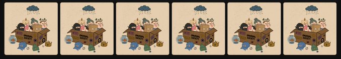 A row of six identical illustrated cards depicting characters sheltering in a cardboard box labeled "ORIGINAL SOCIETY" beneath a rain cloud.