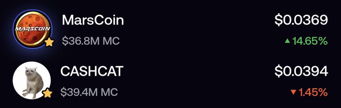 The image displays cryptocurrency listings for MarsCoin ($0.0369, up 14.65%, $36.8M market cap) and CASHCAT ($0.0394, down 1.45%, $39.4M market cap), with MarsCoin showing a strong green gain while CASHCAT is slightly down in red. This visual aligns with the post's sentiment of being positioned for a potential generational run, as MarsCoin's notable upward momentum suggests early signs of momentum, while CASHCAT's dip could represent a buying opportunity for the poster's bold long-term thesis.