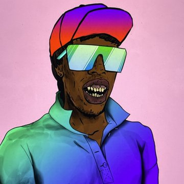 A stylized, colorful illustration of a person with dark skin wearing a bright pink and purple cap and oversized, iridescent sunglasses that reflect a rainbow gradient, their mouth open in a smile against a pink background.