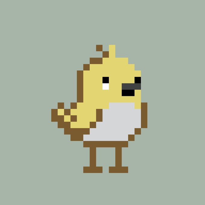 A pixel art illustration of a yellow chick hatching from a white egg with a determined expression, set against a sage green background.
