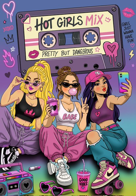 A vibrant illustration of three stylish young women with a cassette tape labeled 'HOT GIRLS MIX - PRETTY BUT DANGEROUS', featuring elements like a boombox, roller skates, and graffiti-style text.
