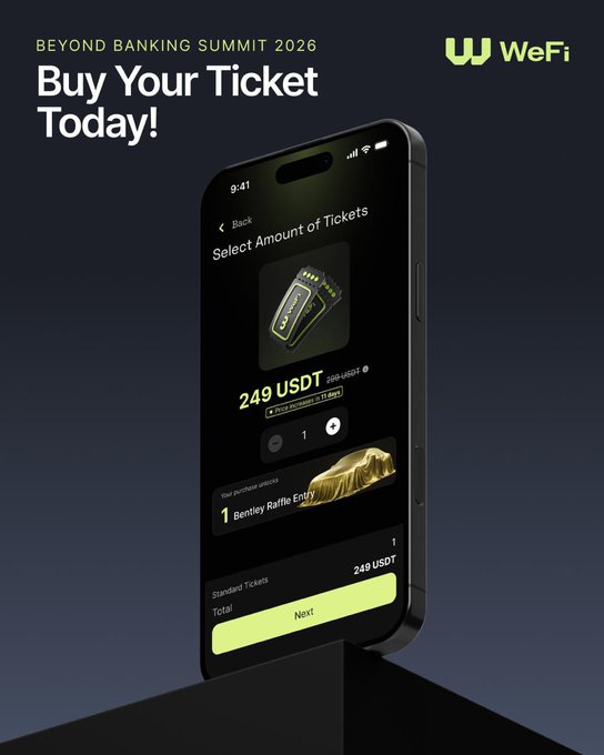 An advertisement for the 'Beyond Banking Summit 2026' by WeFi shows a phone screen for purchasing a 'Bentley Raffle Entry' ticket for 249 USDT.
