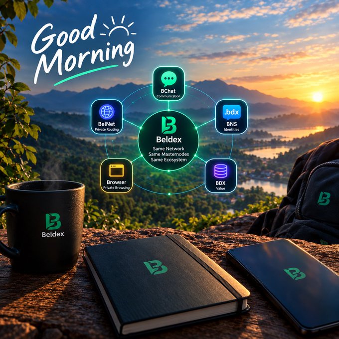 A 'Good Morning' themed image showcases the Beldex ecosystem, featuring interconnected services like BChat, BelNet, Browser, BDX, and bdx, with Beldex-branded merchandise like a mug, notebook, and phone displayed against a scenic sunrise background.