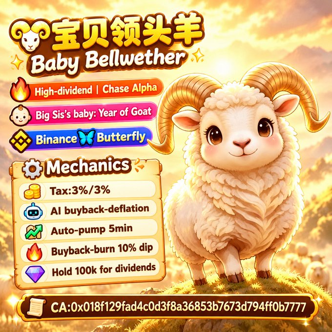 A promotional graphic for a cryptocurrency meme coin called 'Baby Bellwether' (宝贝领头羊) featuring a cute ram character, with mechanics including 3%/3% tax, AI buyback-deflation, auto-pump 5min, and buyback-burn 10% dip, along with a contract address.