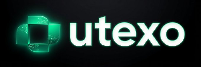 A logo for 'utexo' displayed in glowing green text next to a green geometric icon on a black background.