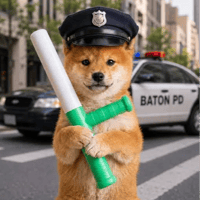 A Shiba Inu dog wearing a police uniform and cap, holding a green and white baton, standing in front of a 'BATON PD' police car on a city street.